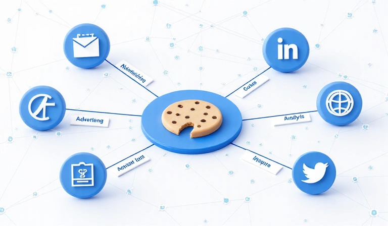 Illustration of various third-party cookie symbols connecting to a central website
